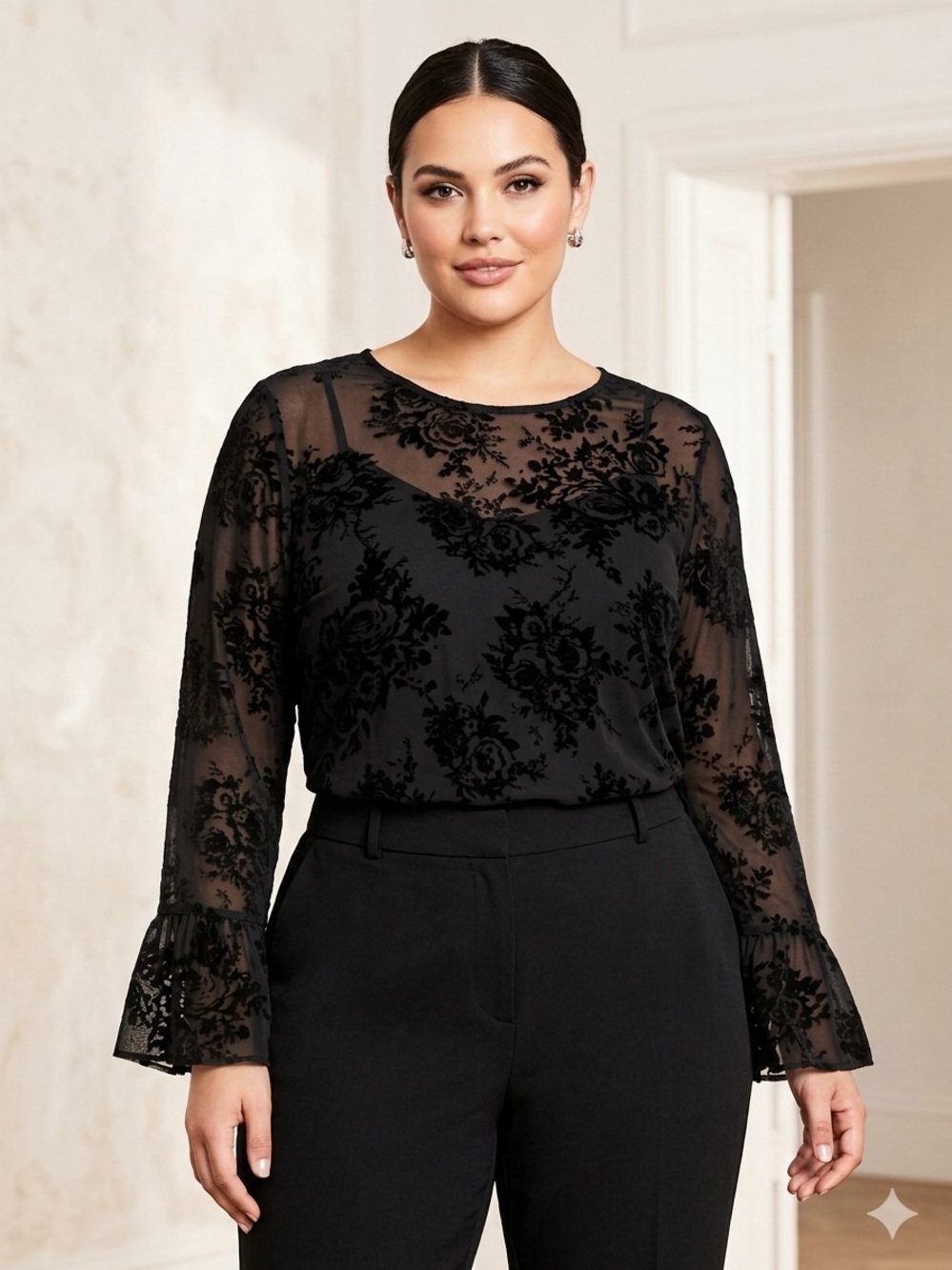 City Chic Black Floral Burnout Floral Blouse size 14 Plus